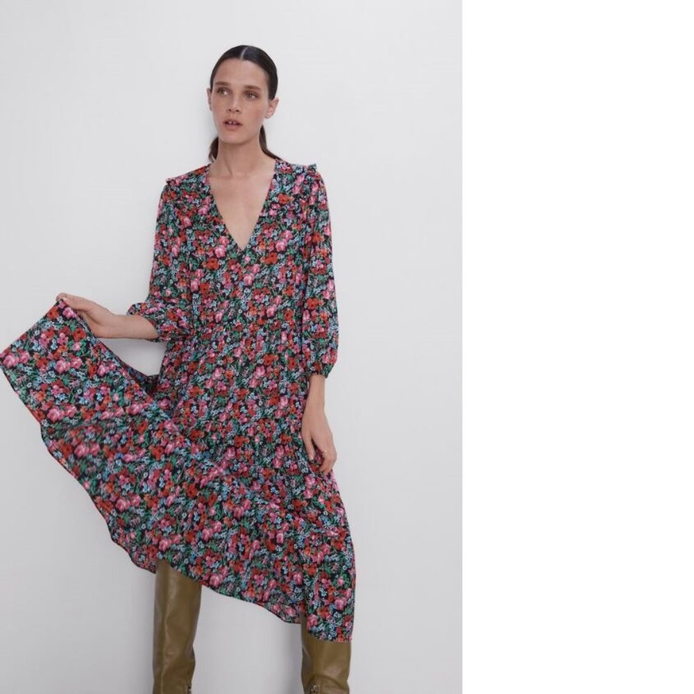 ZARA Women's Size XS Black Floral Printed Satin Flowy 3/4 Sleeve Midi Dress